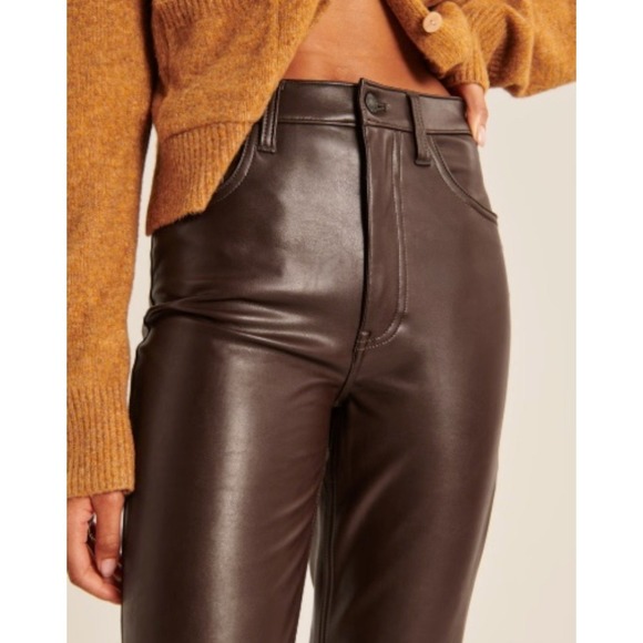 ABERCROMBIE & FITCH 90s Straight High Rise Vegan Leather Brown Pants Size 10/30 - Picture 2 of 12